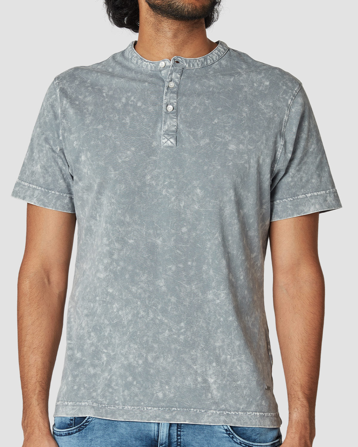 Distressed Spotwash Henley T-Shirt - Grey